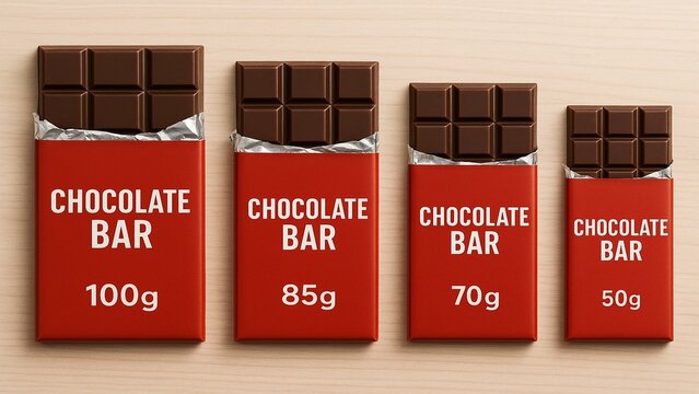 Visual metaphor of shrinkflation depicted by chocolate bars decreasing in size, illustrating rising costs for smaller packaging.