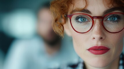 A close-up portrait of a woman with vibrant red curly hair wearing red glasses, showcasing her beautiful freckles and captivating blue eyes against a blurred background.