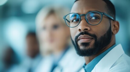 A close-up of a focused doctor wearing glasses and a white coat, conveying professionalism and determination, set against a softly blurred medical environment.