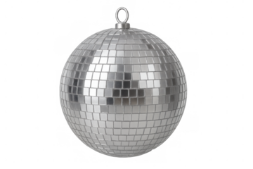 Classic silver disco ball hanging, reflecting light, isolated on transparent background, perfect for party and celebration visuals