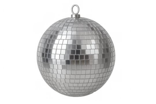 Classic silver disco ball hanging, reflecting light, isolated on transparent background, perfect for party and celebration visuals
