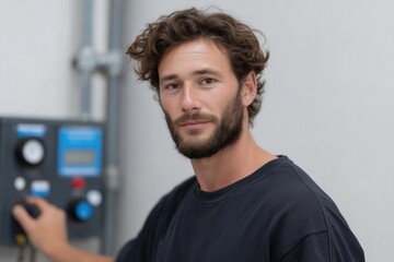 Fototapeta premium A skilled technician stands confidently, focused on operating industrial equipment. his expression captures a sense of concentration and expertise.