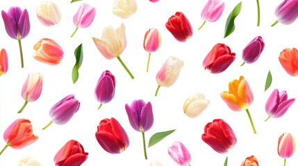 Colorful tulips scattered on white background.