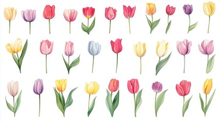 Collection of colorful tulips in watercolor style.
