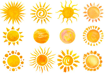 set of watercolor yellow and orange sun illustrations in different styles, various shapes on white background