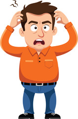 Obraz premium Frustrated man scratching head wearing orange shirt and blue jeans cartoon character expression