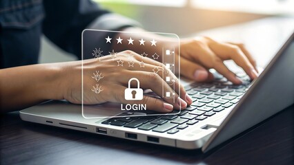 Hands typing on a laptop with a login security graphic overlay featuring stars and a padlock