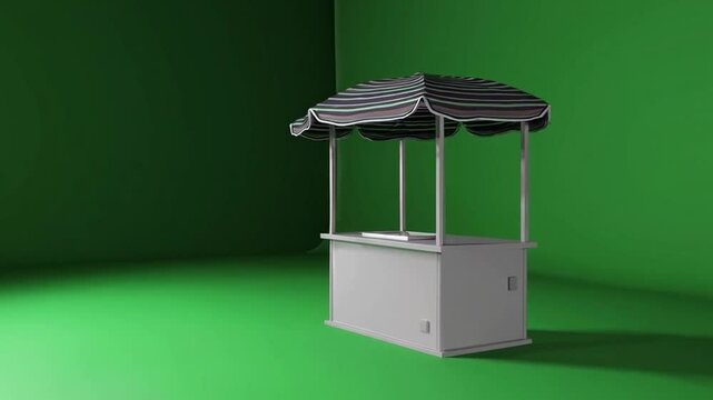 Outdoor stall with striped canopy on green background suitable for various marketing and branding needs