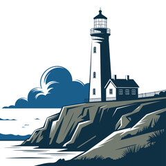 A stylized vector illustration of a lighthouse scene in a minimalist art style