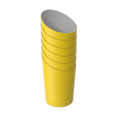 A stack of yellow cups, designed for serving beverages, showcasing a modern and minimalist style.