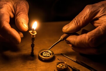 Elderly hands repair watch gears by candle glow in rustic workshop. AI-generated.
