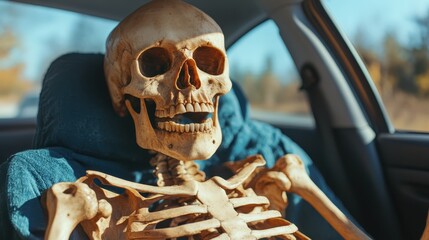 A humorous scene features a skeleton sitting comfortably in a car, basking in the sunlight, creating an amusing juxtaposition of life and death with a playful twist.