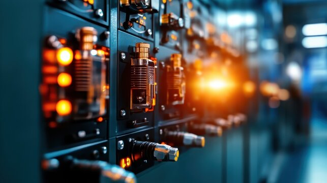 A detailed view of a control panel showcasing illuminated devices and intricate settings, illustrating the complexity and precision involved in modern technological systems.