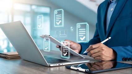 Businessman working on a laptop with digital checklist icons in a modern office