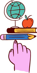 Hand balancing school supplies. Back to school doodles series.