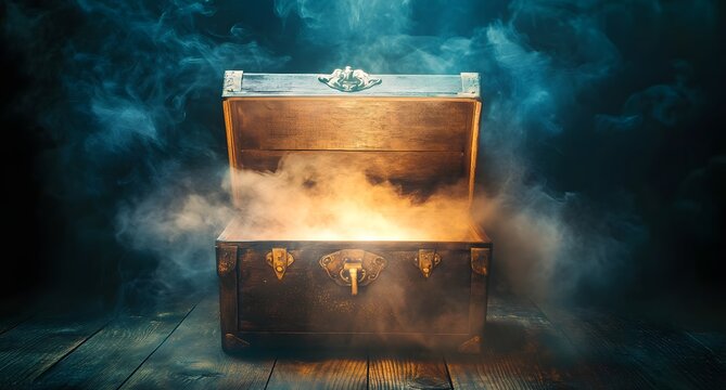 Magical Mysterious Wooden Chest Emitting Glowing Light in a Smoky Setting AI Generated