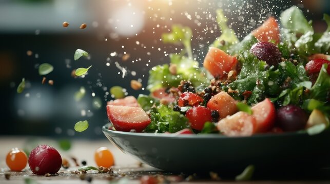 A colorful and appetizing salad bursting with fresh vegetables and grains, enhanced by droplets of water adding a lively and refreshing touch.