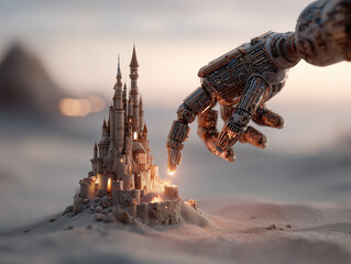 Robotic Arm Building Sandcastle on Pastel Beach at Sunrise