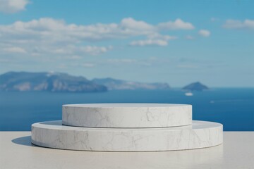 Obraz na płótnie Canvas White marble podium with sea view on background