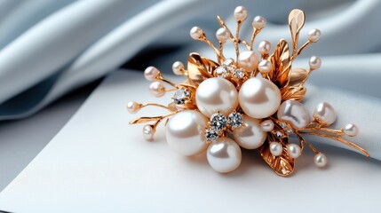 Fototapeta premium This stunning image features an elegant pearl brooch placed artistically on a soft silk background, highlighting sophistication, luxury, and the timeless beauty of jewelry design.
