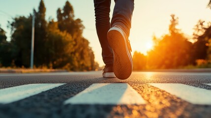A solitary figure walks along a striped crosswalk as the sun sets in the background, creating a warm and inviting ambiance that invites reflection on daily journeys.