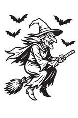 Haloween Witch drawing black and white