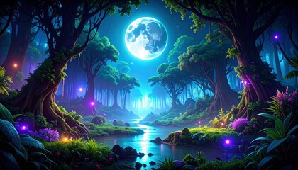 Glowing rainforest under electric moonlight. Futuristic environmental concept. Futuristic branding, nature backgrounds, gaming scenery, fantasy art, wellness marketing, sci-fi book illustrations.