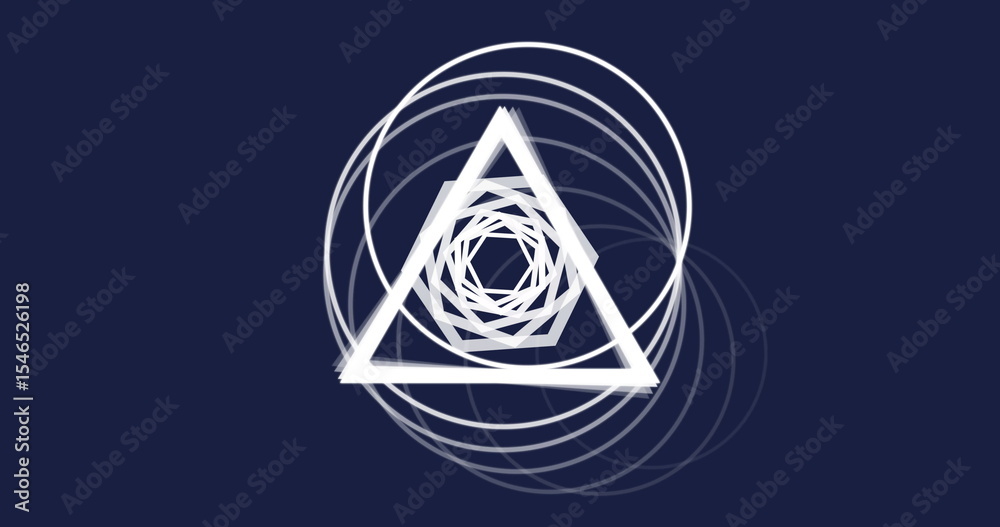 Poster displaying nested triangles and translucent rings on navy field, with white triangle outline
