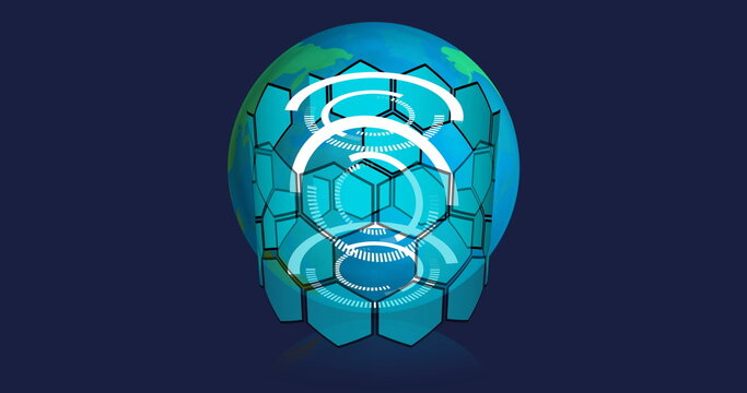 Naklejki Displaying Earth globe with hexagon grid and UI rings on navy background, data visualization