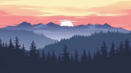Fototapeta premium Sunrise Over Tranquil Forested Mountain Landscape in Minimalist Style