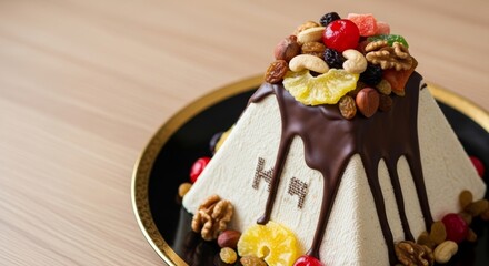 Close-up of a beautifully adorned Paskha, a rich Easter dessert, on a elegant dark plate. Holiday treat.