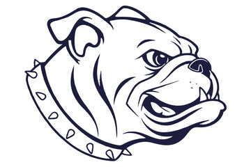 Stylized cartoon bulldog head shows an expressive spiked collar, outlined in dark blue