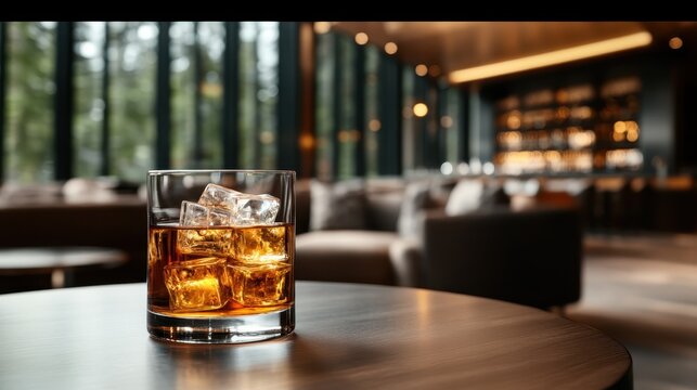 A beautifully styled whiskey glass filled with ice sits on a wooden table, set against a backdrop of a chic and modern bar with soft lighting and plush seating.