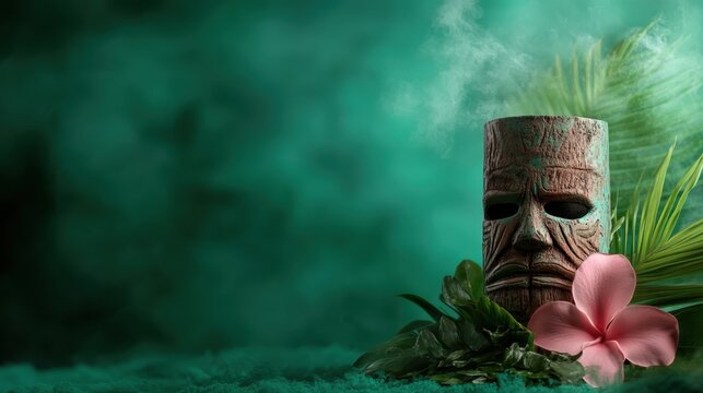 An artistic Tiki mask set against a lush green background, accompanied by tropical leaves and a delicate flower, representing cultural symbolism and artistic craftsmanship in vibrant style.