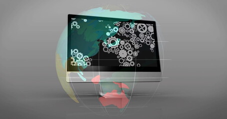 Floating widescreen monitor and globe with grid rotating in virtual studio, with gear icon overlay