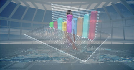 Projecting hologram woman interacting with bar chart on blue grid floor, with digital tablet
