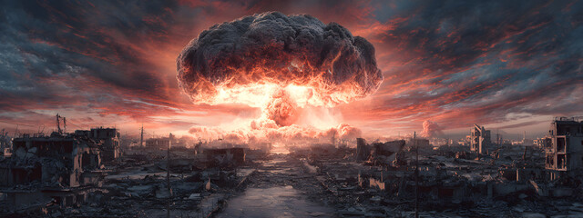 Nuclear devastation - atomic explosion and horrific aftermath, depicting immense destruction, suffering caused by blast, emphasizing enduring scars on humanity and nature.