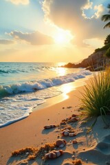 Golden hour sunlight bathes a tranquil seascape, waves gently lapping the sandy shore Seashells scattered, seagrass swaying Perfect summer day at the beach , maritime, seascape