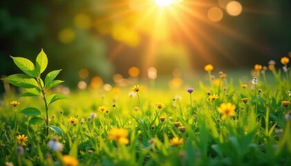 Golden hour sunlight bathes vibrant summer foliage, illuminating lush green leaves and wildflowers in a sun-drenched meadow Perfect for summer, nature, and travel themes , outdoors, flourishing