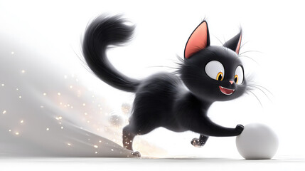 A mischievous black cat with a playful grin walks confidently, showcasing its sleek black fur and curious personality in a captivating pose.