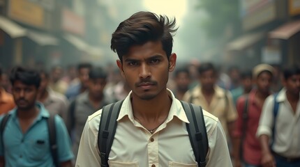 Fototapeta premium Intense Young Man Walking Through Crowded Indian Street, Portrait, Backpack, Determination, Urban Scene, India, Focus, Travel, Confident Look