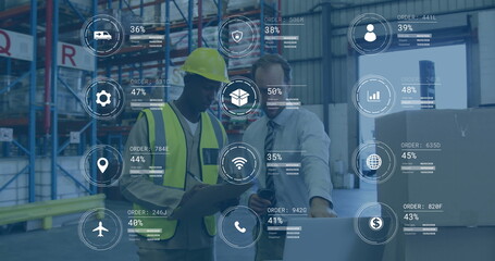 Reviewing colleagues analyzing AR data overlays in warehouse with pallet jack, using devices