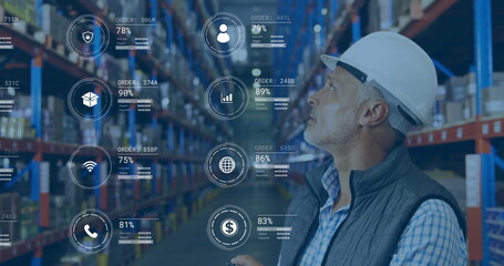 Inspecting warehouse inventory man wearing helmet, vest in aisle with digital overlays, copy space