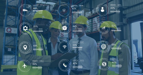 Warehouse staff in helmets and vests reviewing order metrics in warehouse, with clipboard overlays