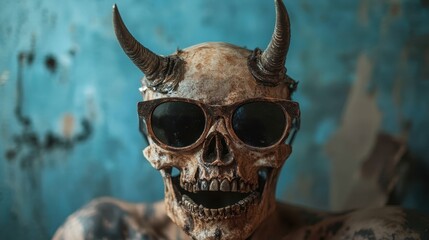 A stark, artistic representation of a skull adorned with horns and sunglasses creates a striking contrast against a distressed blue backdrop, embodying edgy creativity.