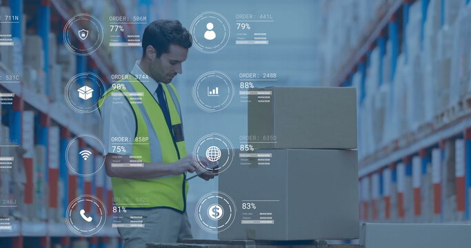 Operating scanner, worker in neon vest scanning pallet boxes at warehouse with digital overlays