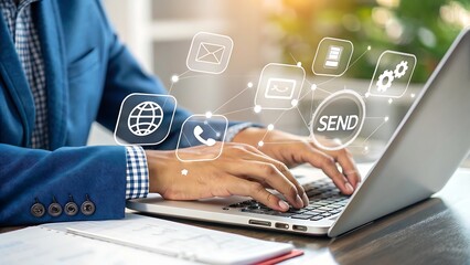 Man typing on laptop with communication and business icons floating above the keyboard