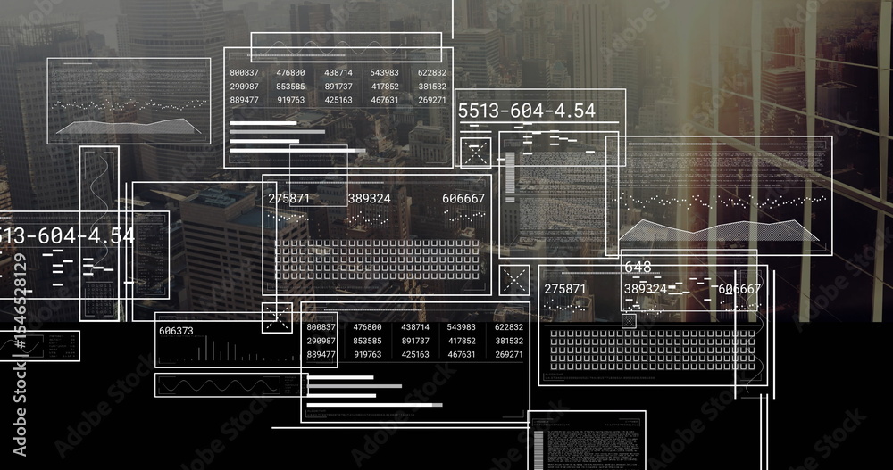 Poster displaying translucent data panels overlaying high-rise office view with numeric tables and charts