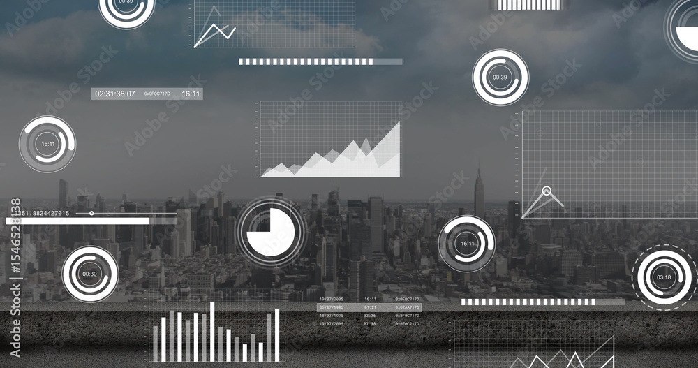 Poster displaying data interface showing charts, graphs and progress indicators over rooftop skyline