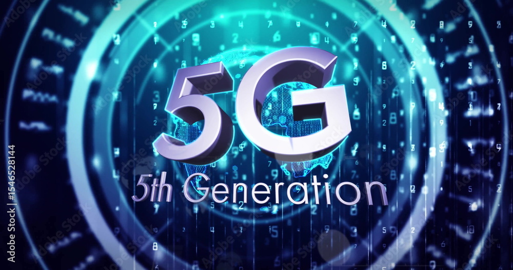 Aufkleber displaying metallic 5g text showing data flow in network interface, with globe and binary digits